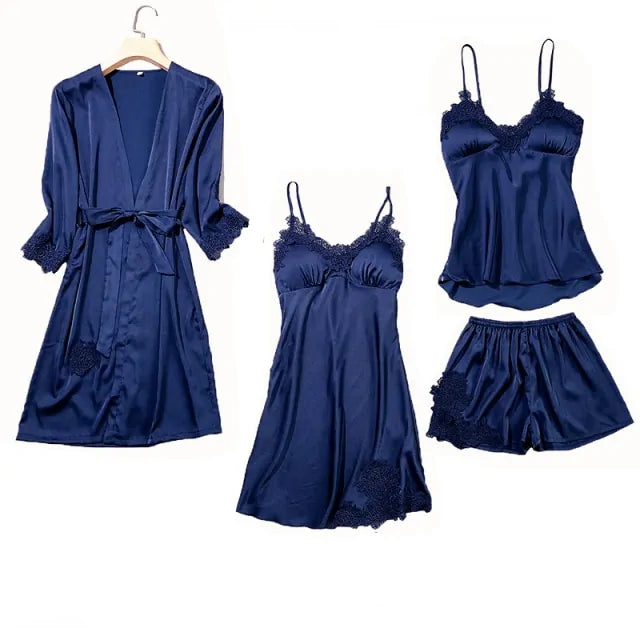 Satin Lace 5 Pieces Pajamas Set