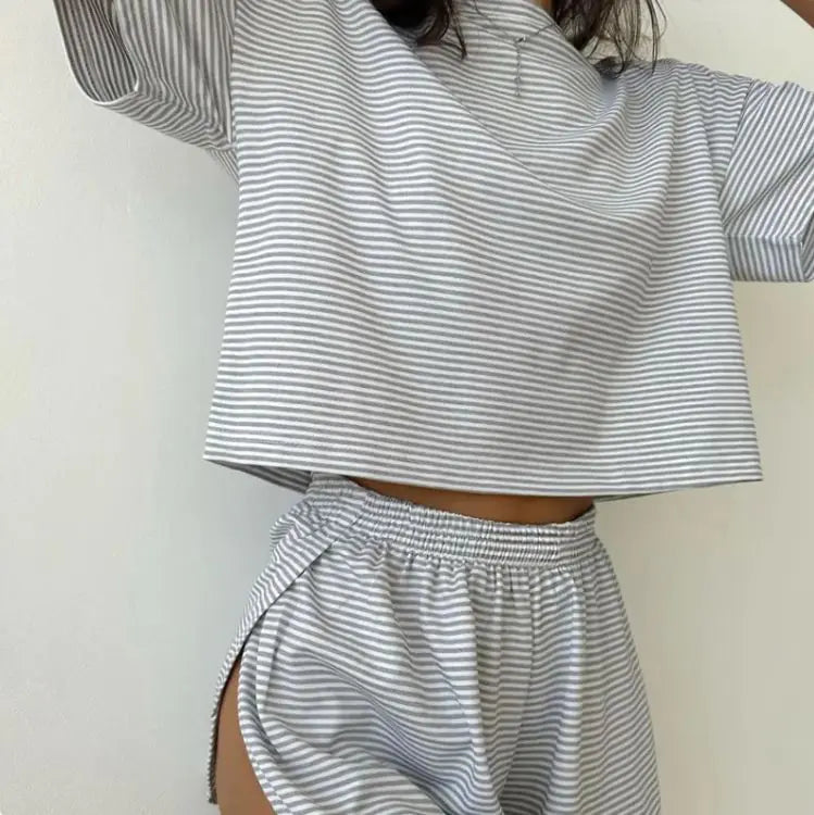 Knitted Striped Pajamas Short-sleeved Shorts Suit