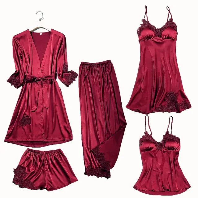 Satin Lace 5 Pieces Pajamas Set